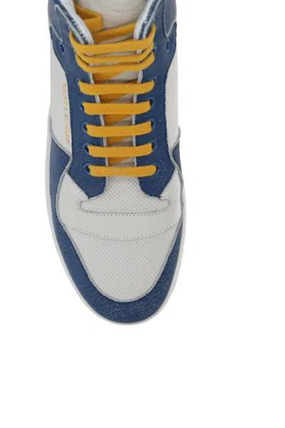 Saint Laurent High Top Lace Up Sneakers In Off White + Navy