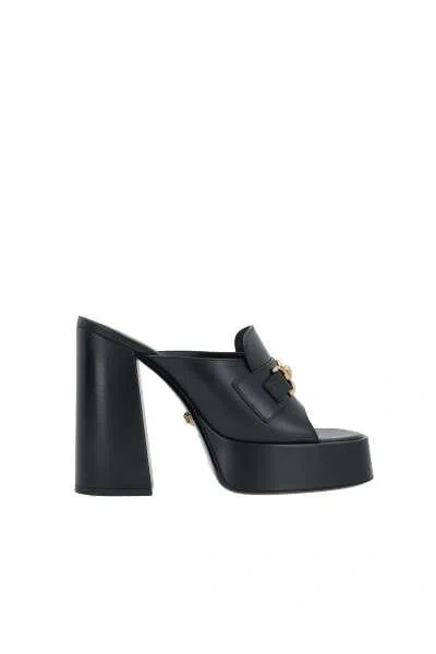 Shop Versace Sandals In Black+ Gold