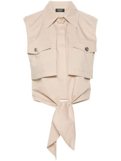 Shop Liu •jo Liu Jo Sleeveless Cotton Shirt With Knot Detail In Brown