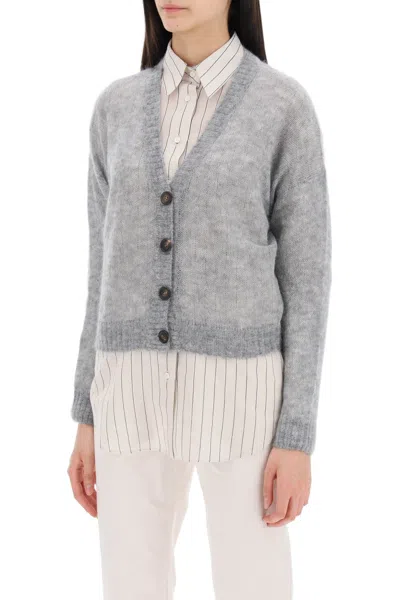 Shop Brunello Cucinelli Short Wool And Mohair Cardigan Women In Gray