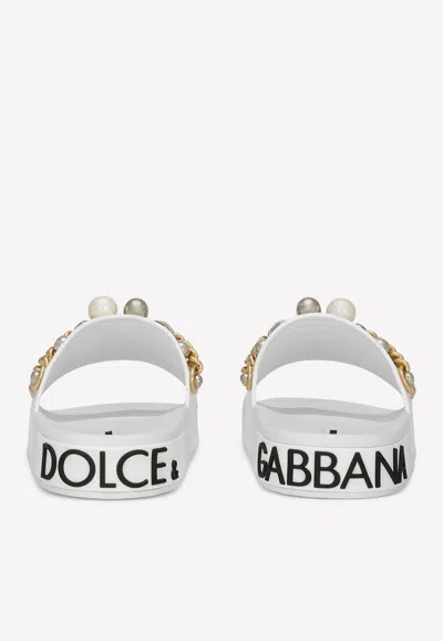 Dolce & Gabbana Bejeweled Appliqués Beachwear Slides In Rubber In White