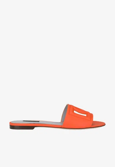 Dolce & Gabbana Slide Sandals In Orange Leather With Logo In Orange
