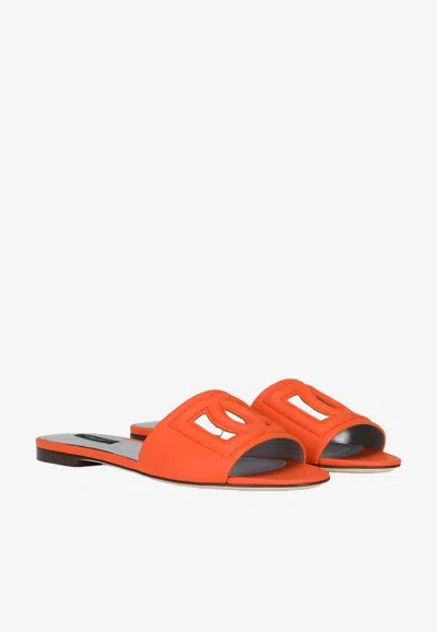 Dolce & Gabbana Slide Sandals In Orange Leather With Logo In Orange