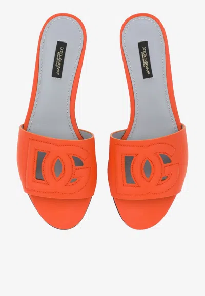 Dolce & Gabbana Slide Sandals In Orange Leather With Logo In Orange