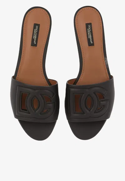 Shop Dolce & Gabbana Bianca Calfskin Flat Slides In Black