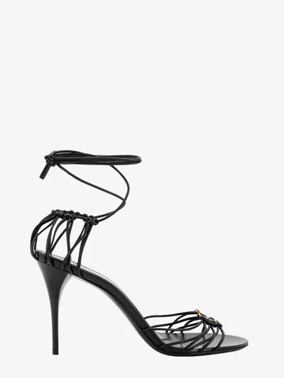 Saint Laurent 90mm Babylone Cassandre-plaque Leather Sandals In Black
