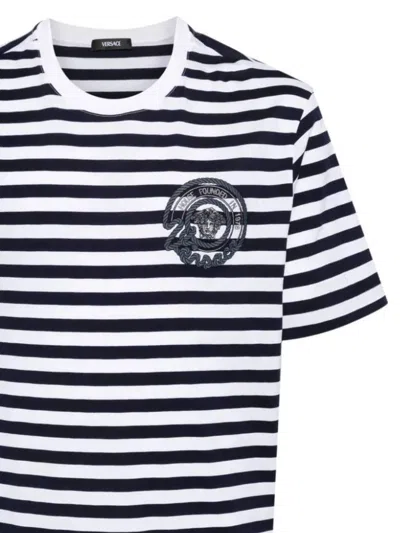 Shop Versace Striped T-shirt In White+navy Blue