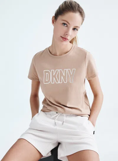 Shop Dkny Foil Logo Crew Neck T-shirt In Beige