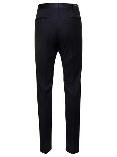 Shop Tagliatore Blue Pants With Satin Waistband And Welt Pockets In Wool Man