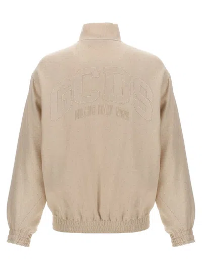 Shop Gcds 'linen Blend Logo Track' Sweatshirt In Beige