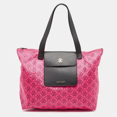 Shop Roberto Cavalli Pink/brown Monogram Nylon And Leather Front Pouch Tote