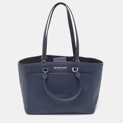 Shop Michael Kors Navy Leather Large Emmy Tote In Blue