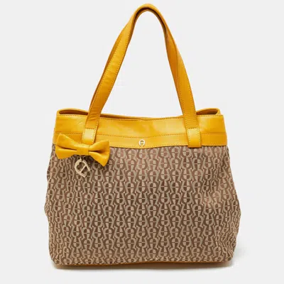 Shop Aigner Beige/mustard Signature Canvas And Leather Tote