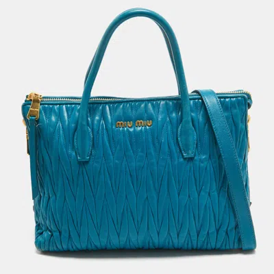 Shop Miu Miu Teal Matelassé Leather Top Zip Tote In Blue