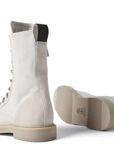 Shop Brunello Cucinelli Light Grey Canvas And Suede Boots