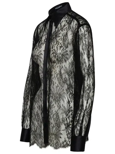 Dolce & Gabbana Black Slim Shirt With Satin Details In Chantilly Lace Woman In Black