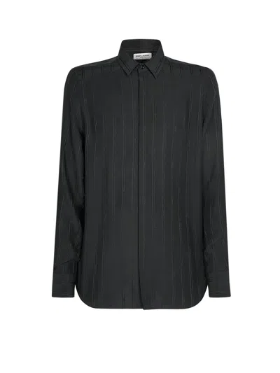 Shop Saint Laurent Logo Silk Shirt In Black