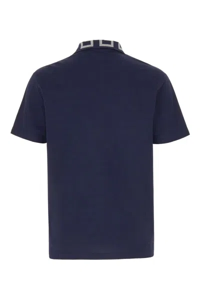 Shop Versace Greca Cotton Polo Shirt In Blue