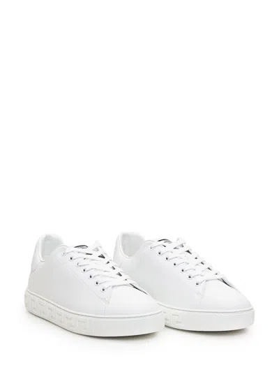 Shop Versace Greca Leather Sneakers In White