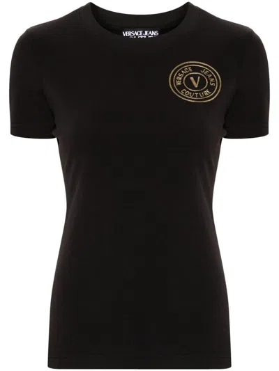 Shop Versace Jeans Couture Stretch Cotton T-shirt With Front Logo In Nero E Oro