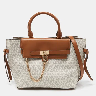 Shop Michael Kors Vanilla/tan Signature Coated Canvas And Leather Hamilton Legacy Belted Tote In White