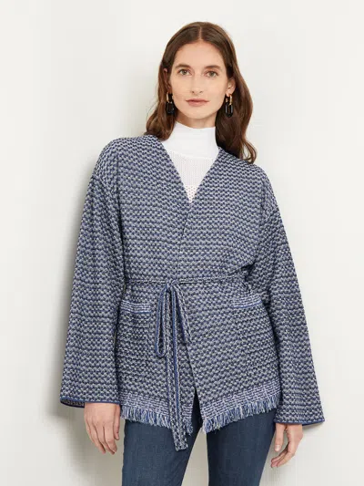 Misook Tie-waist Fringe-trim Intarsia Knit Tweed Jacket In Blue
