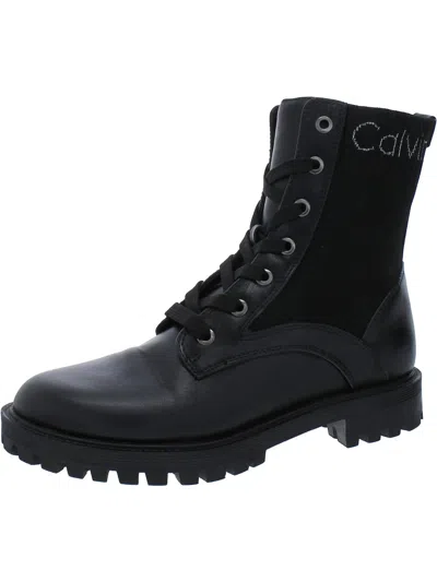 Shop Calvin Klein Galica Womens Faux Leather Ankle Combat & Lace-up Boots In Black
