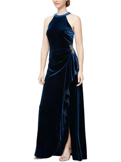 Shop Alex & Eve Womens Velvet Embellished Evening Dress In Blue