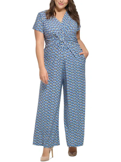 Shop Vince Camuto Plus Womens Geo-print Cap-sleeves Jumpsuit In Blue