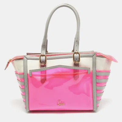 Shop Christian Louboutin Pink/grey Pvc And Leather Stripe Tote