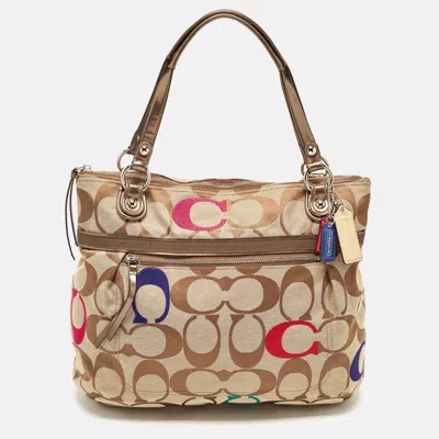 Shop Coach Bronze/beige Signature Canvas And Patent Leather Poppy Tote