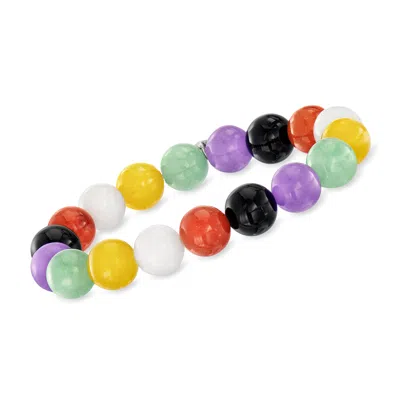 Shop Ross-simons 10mm Multicolored Jade Bead Stretch Bracelet In Purple