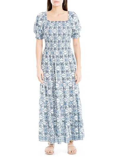 Shop Max Studio Womens Floral Smocked Maxi Dress In Blue