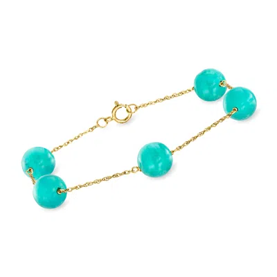 Shop Ross-simons 8mm Stabilized Green Turquoise Bead Station Bracelet In 14kt Yellow Gold In Blue