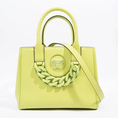 Shop Versace La Medusa Tote Lime Grained Leather Small In Yellow