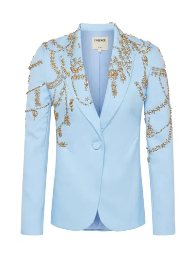 Shop L Agence Clementine Crystal-embellished Blazer In Light Blue/gold Crystal