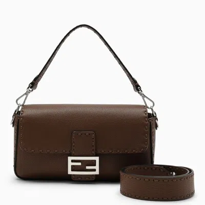 Shop Fendi Brown Leather Baguette Medium Bag Women
