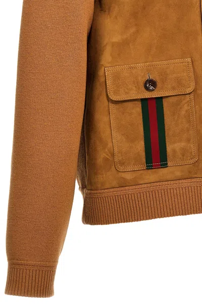 Shop Gucci Men Suede Bomber Jacket With Web Details In Cream
