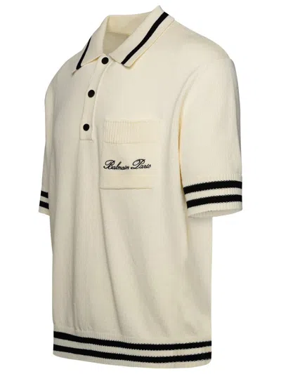 Shop Balmain ' Iconic' Ivory Cotton Blend Polo Shirt In Cream