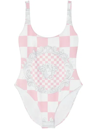 Shop Versace Checked One-piece Swimsuit With Print In Multicolour
