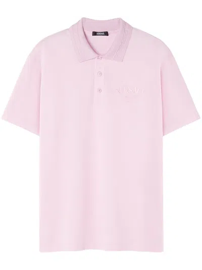 Shop Versace Polo Shirt With Embroidery In Pink & Purple