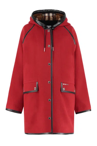 Shop Burberry Hooded Wool Coat In Red