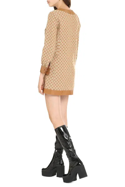 Shop Gucci Jaquard Mini Dress In Beige