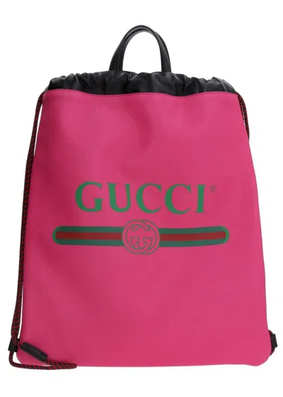 Shop Gucci Leather Logo Print Drawstring Backpack In Fuchsia