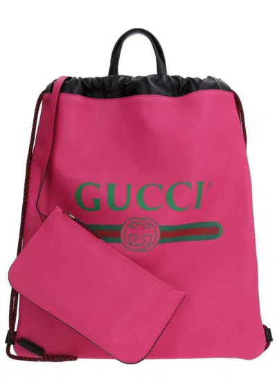 Shop Gucci Leather Logo Print Drawstring Backpack In Fuchsia