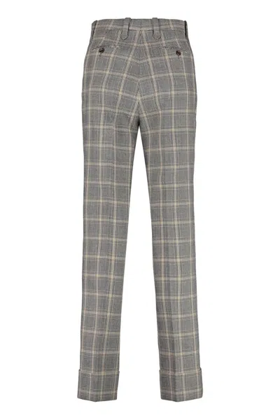 Shop Gucci Prince Of Wales Checked Wool-linen Blend Trousers In Grey