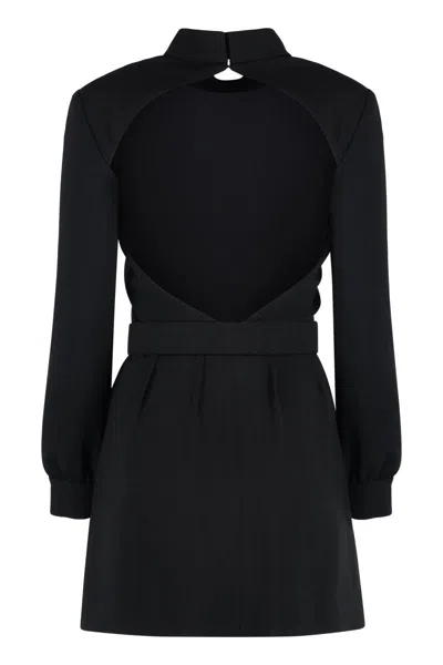 Saint Laurent Wool-cotton Belted A-line Mini Dress In Black