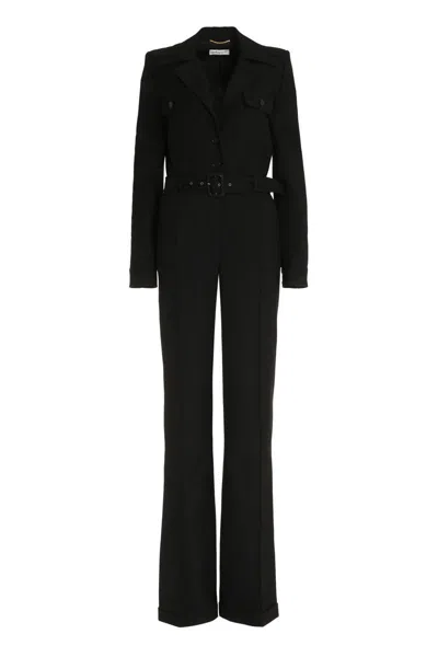 Shop Saint Laurent Long Wool Jumpsuit In Black