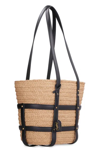 Shop Saint Laurent Panier Raffia Tote Bag In Beige