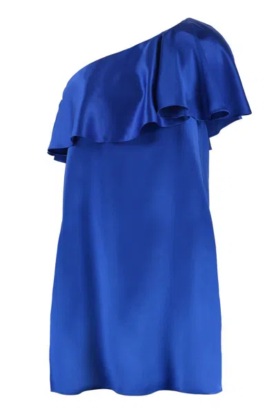 Shop Saint Laurent Ruffled One-shoulder Dress In Blue